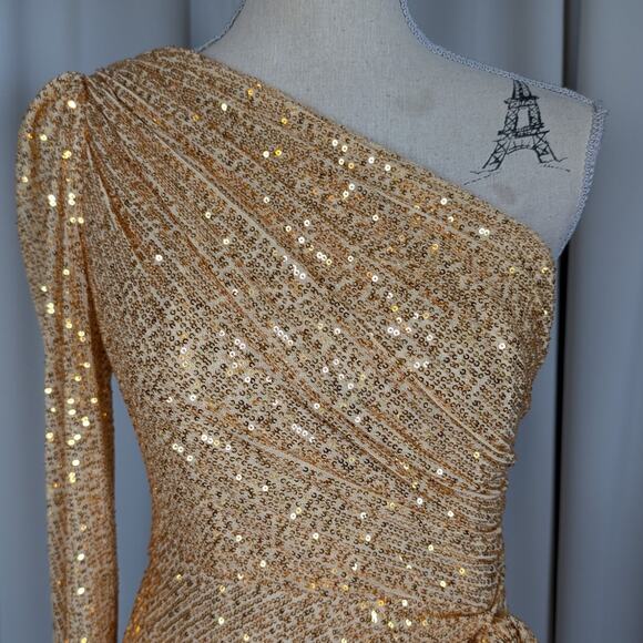 IEENA for Mac Duggal Gold Sequin One Shoulder Ruched Mini Dress Size 8 - Picture 12 of 16